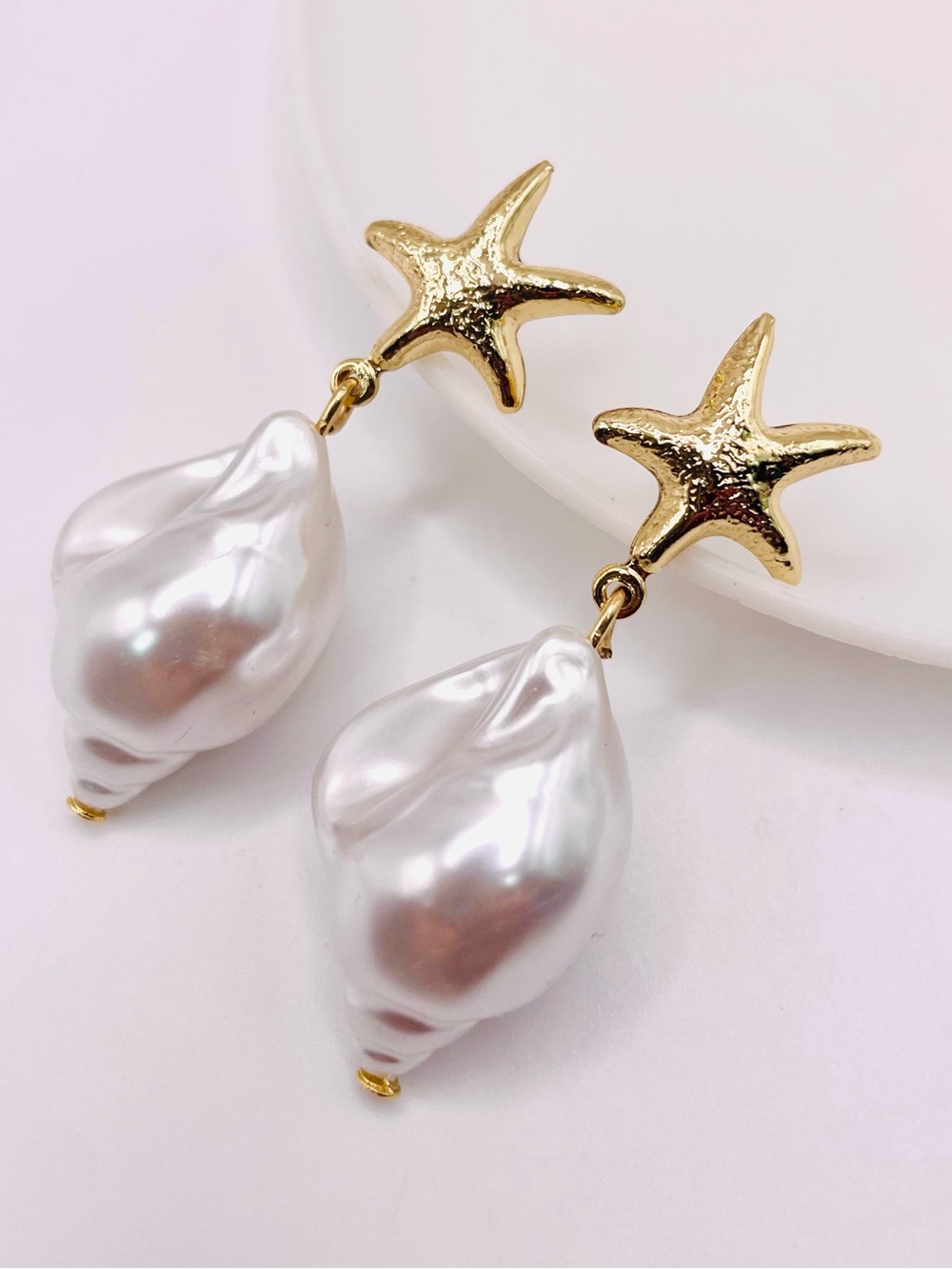 Gold Starfish Conch Shell Pearl Earrings